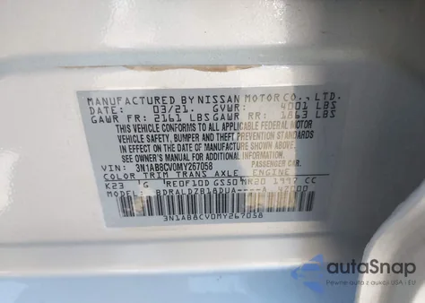 2021 Nissan Sentra Sv Xtronic Cvt из США, поврежденный, VIN 3N1AB8CV0MY267058